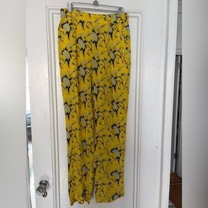 Wide Leg Floral Yellow Silk Pants